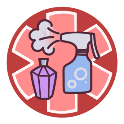 a red circle with a large medical alert asterisk inside it, and a blue cleaning spray bottle and a purple perfume bottle pictured in the centre.